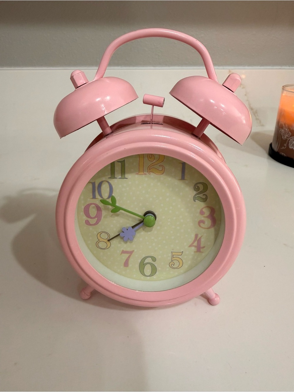 Pottery Barn Kids Pastel Pink Twin Bell Alarm Clock with Floral Hands